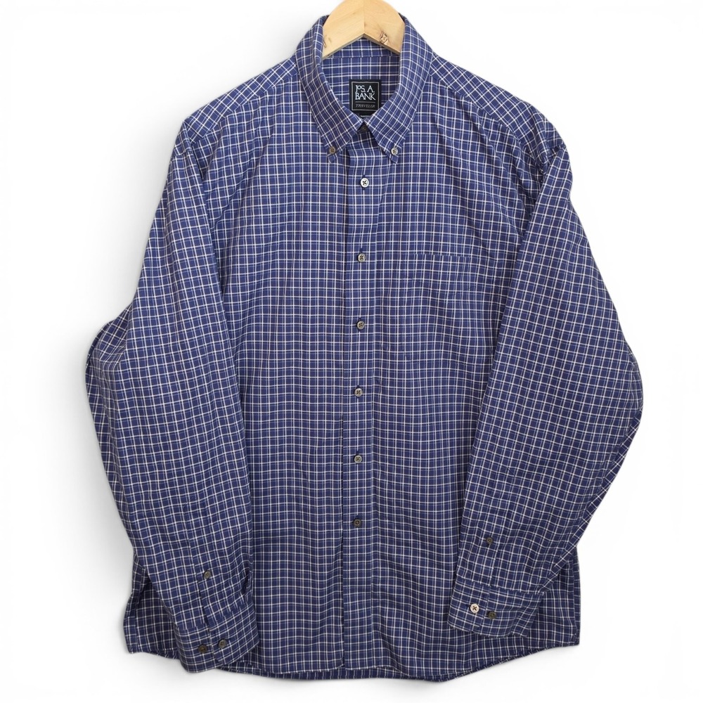 Jos A Bank Shirt Mens Large Blue Plaid Button Down Traveler Tailored Fit Cotton